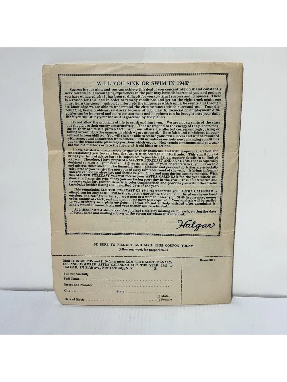 Vintage 1940 Halgar Sagittarius Forecast Horoscope Astrology Mail Order Paper